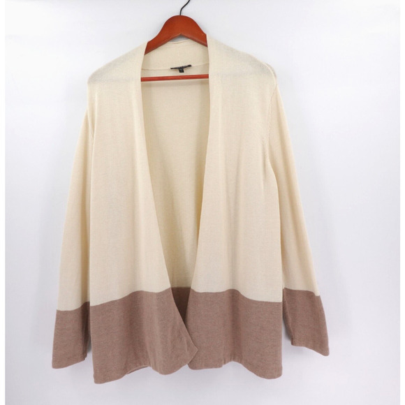 Eileen Fisher Open Front Cardigan Large Cream Long Polished Sleek Cotton Silk - Picture 1 of 14